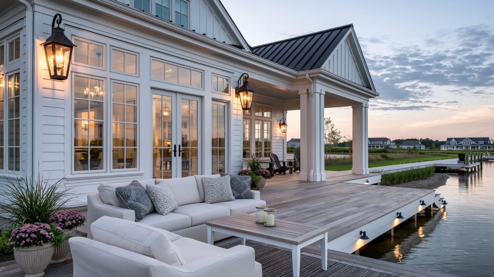 A shingled Hamptons waterfront home with a private dock reaching into a calm bay at dusk, other bayfront houses across the water