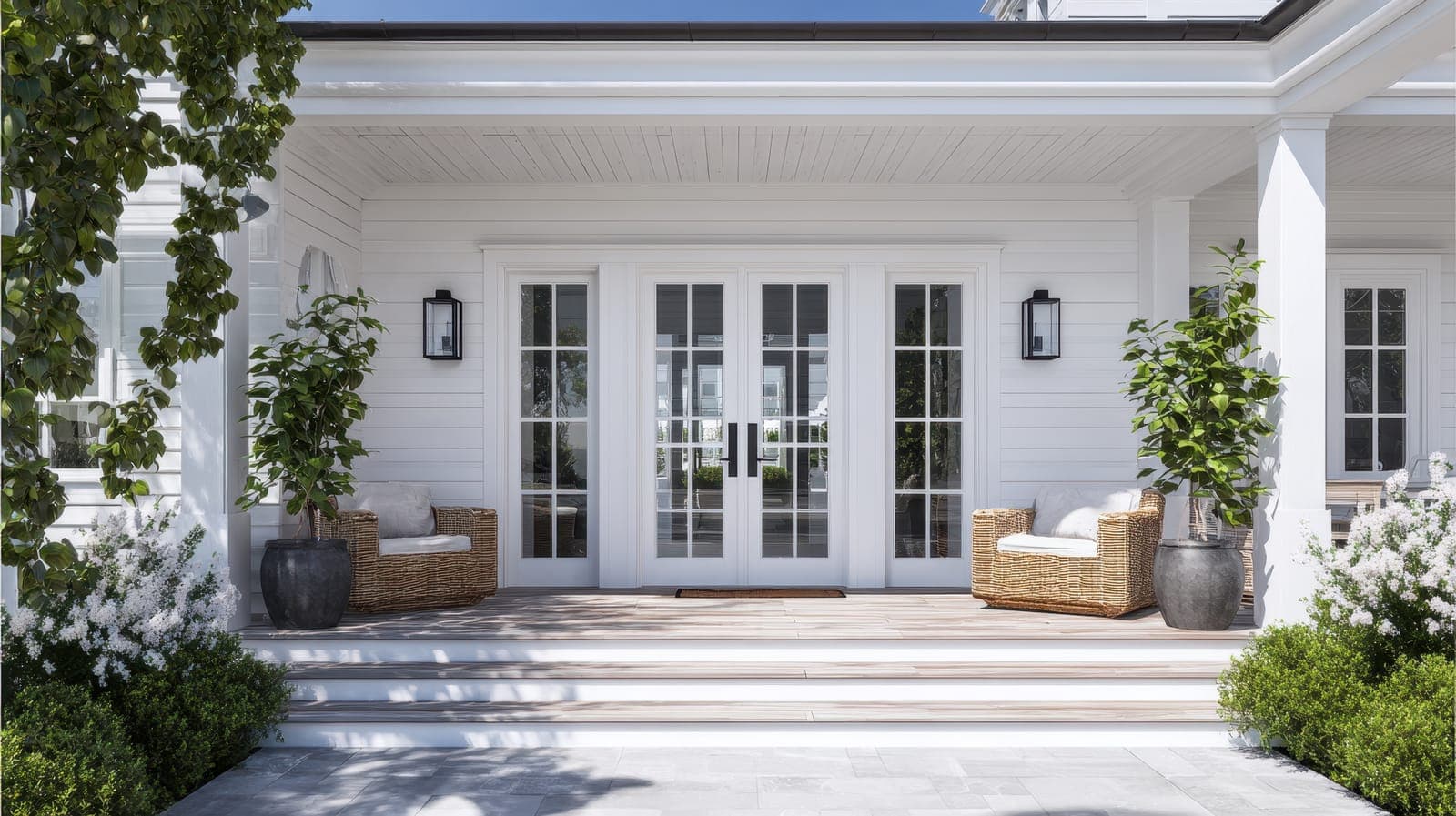 A bright Hamptons-style home front entrance with white French doors, columns, and lantern sconces