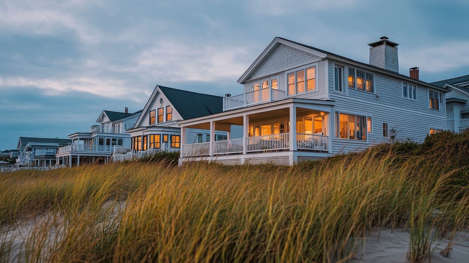 A row of shingled Westhampton beach houses with wraparound porches lit at dusk, seen across the dune grass